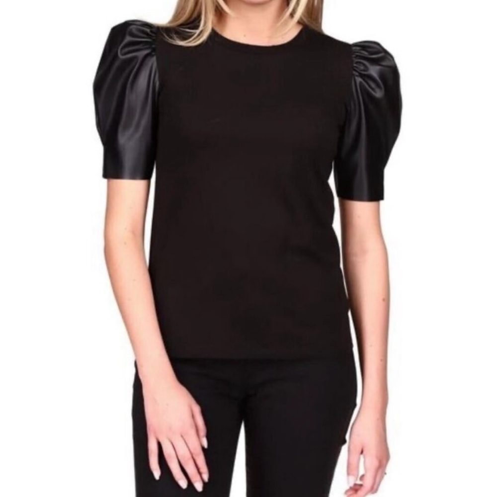 Michael Kors Black Puff Pleather Sleeve Top Size Medium